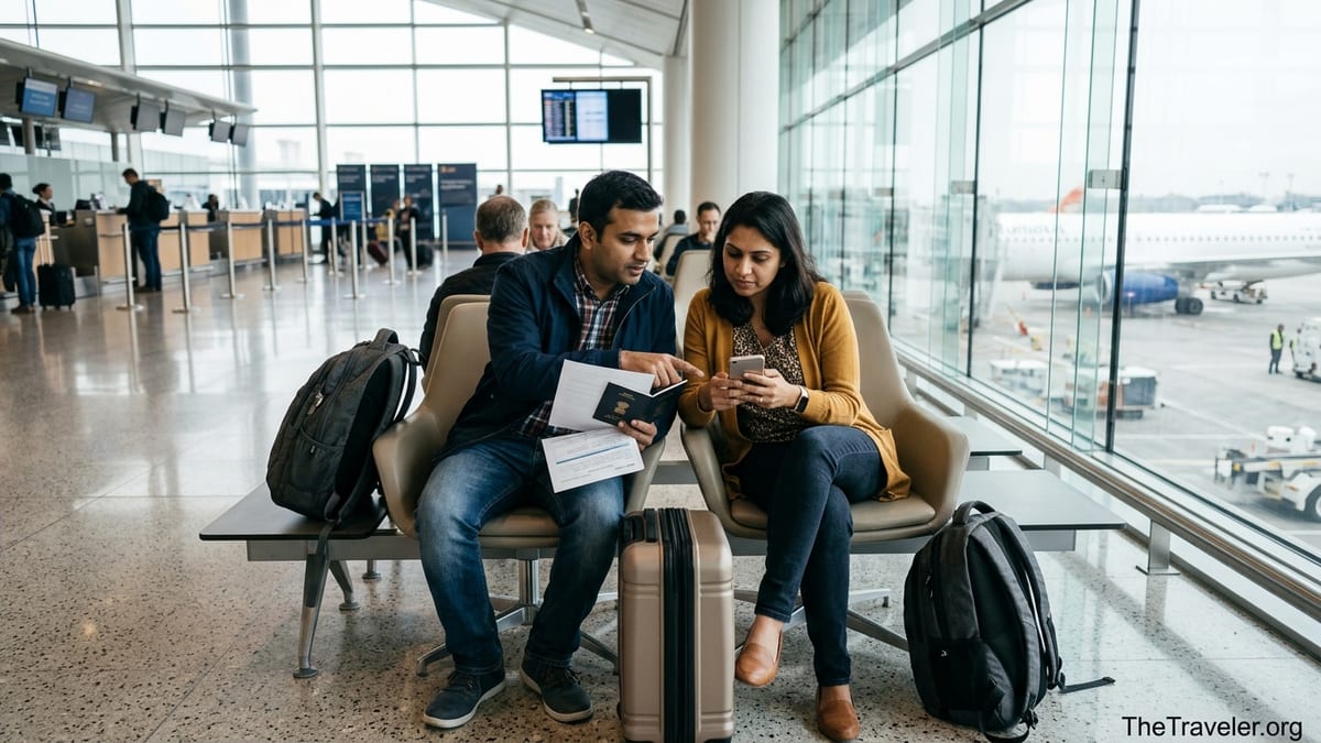 Indian travelers review travel insurance documents in an airport lounge before an international flight.
