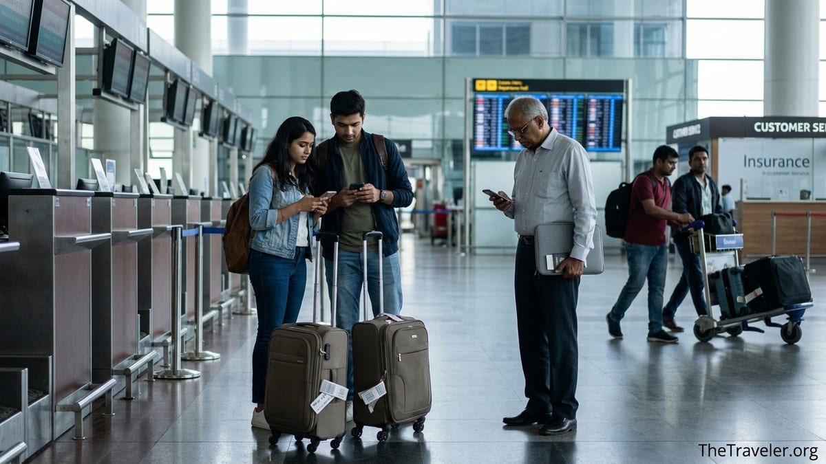 Travellers at an Indian airport reviewing travel insurance on their phones before an international flight.