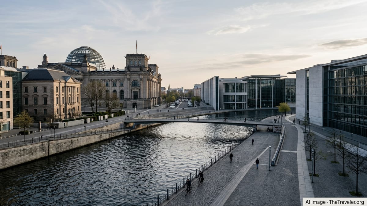 Berlin government district near the Reichstag at dusk, reflecting Germany’s political and economic climate.