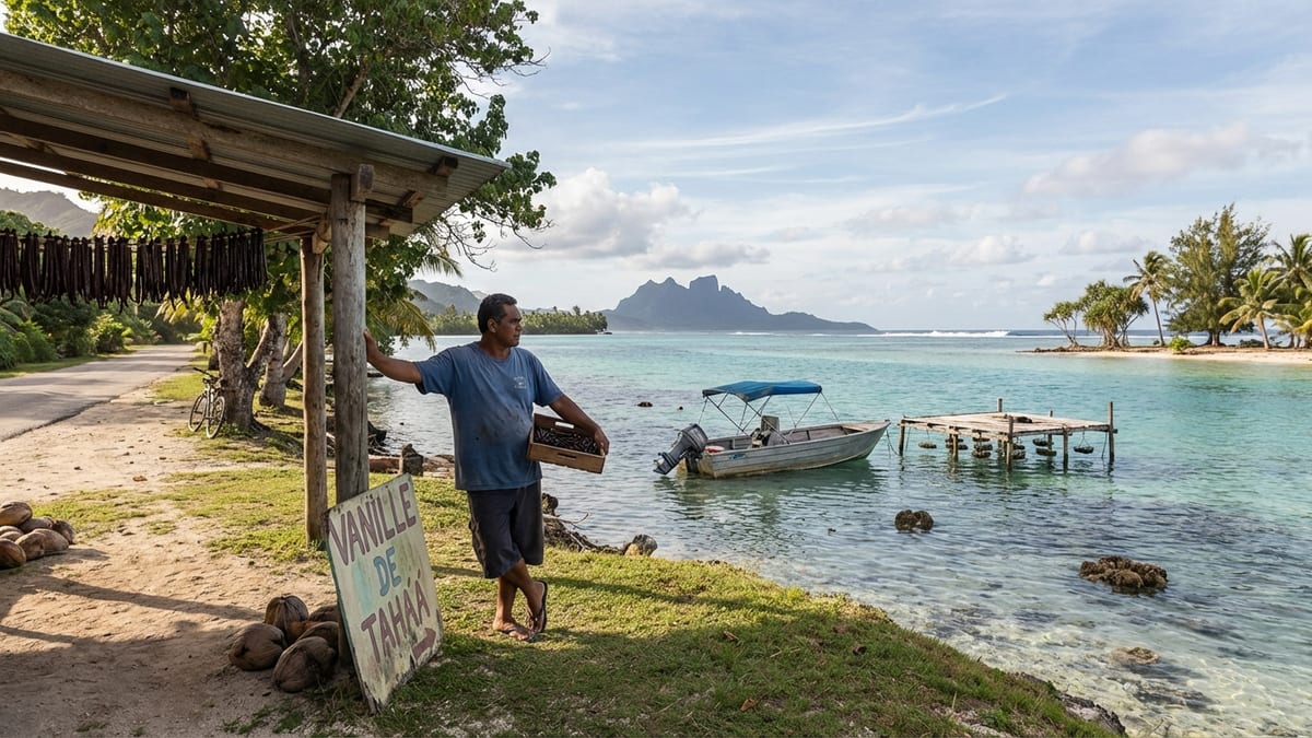 Polynesian farmer at a vanilla plantation overlooking a turquoise lagoon.