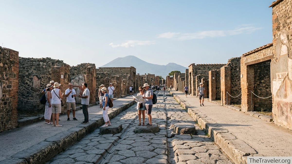 Late-afternoon view of a cobbled street in Pompeii with scattered visitors and Mount Vesuvius in the distance.