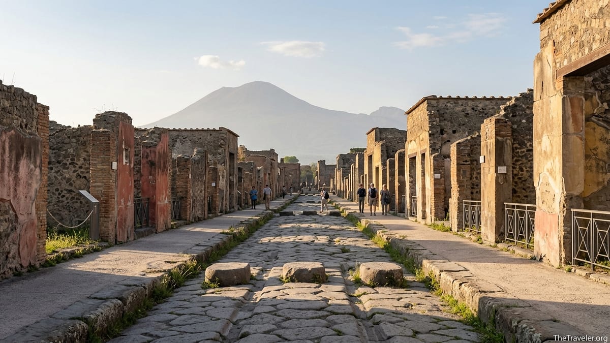 Early morning sun over a Roman street in Pompeii with Vesuvius in the background.
