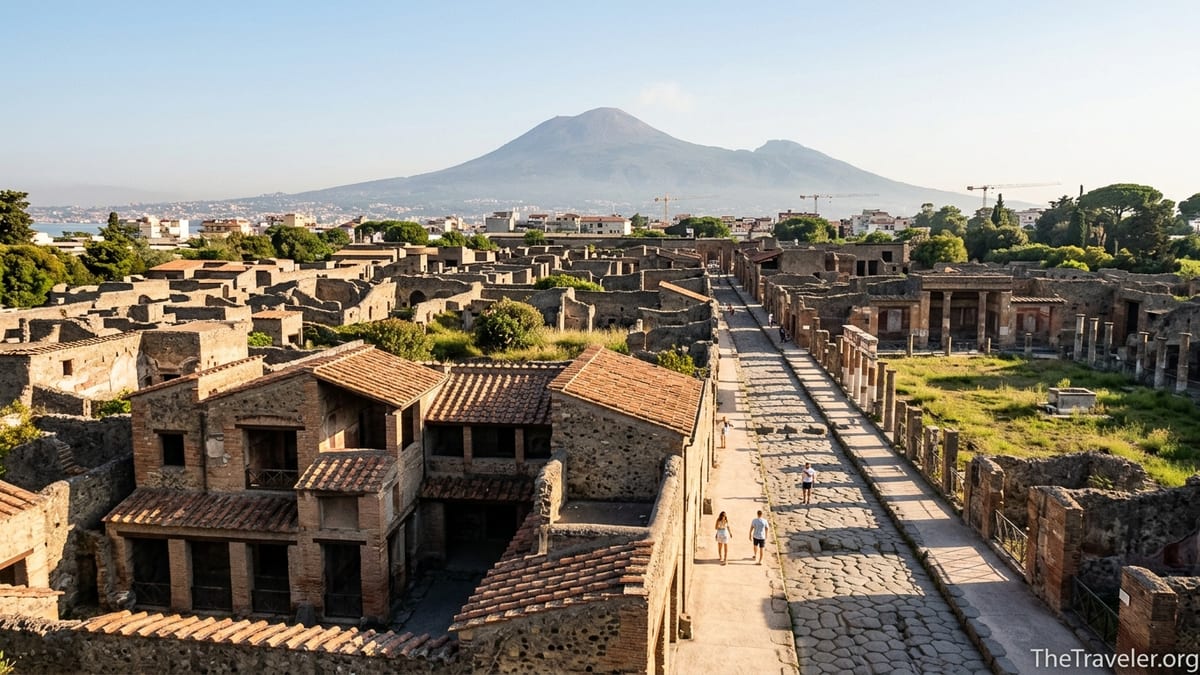 Wide view of Pompeii and Herculaneum ruins beneath Mount Vesuvius at sunrise.