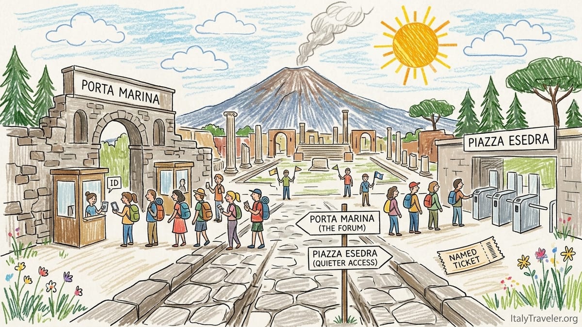 Early-morning visitors walking along a stone street in Pompeii with Mount Vesuvius in the background.