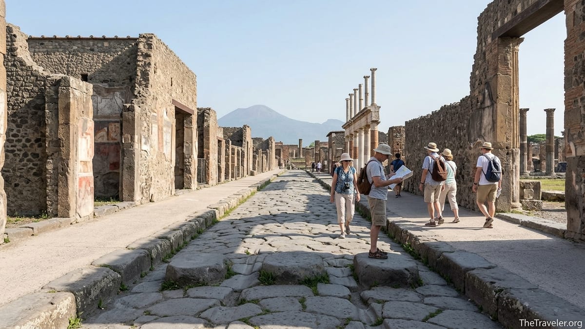 Visitors walking along an ancient stone street in Pompeii with Mount Vesuvius in the background.