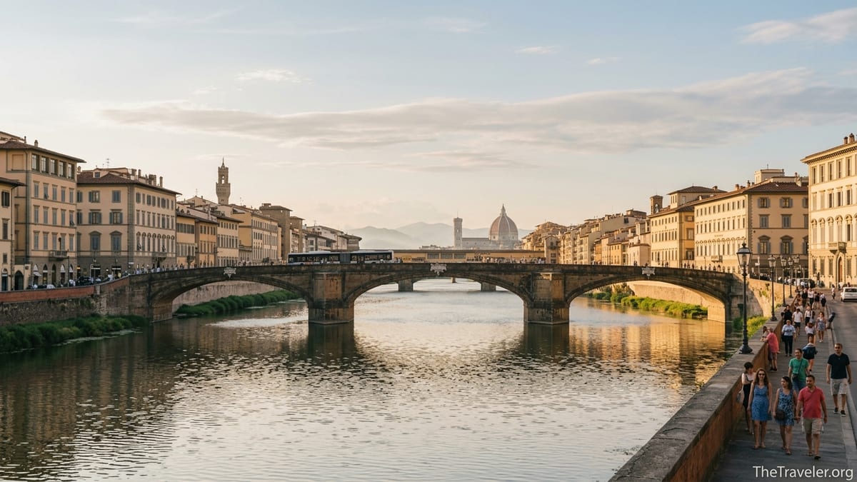 Ponte alla Carraia crossing the Arno in Florence at golden hour with soft reflections on the river.