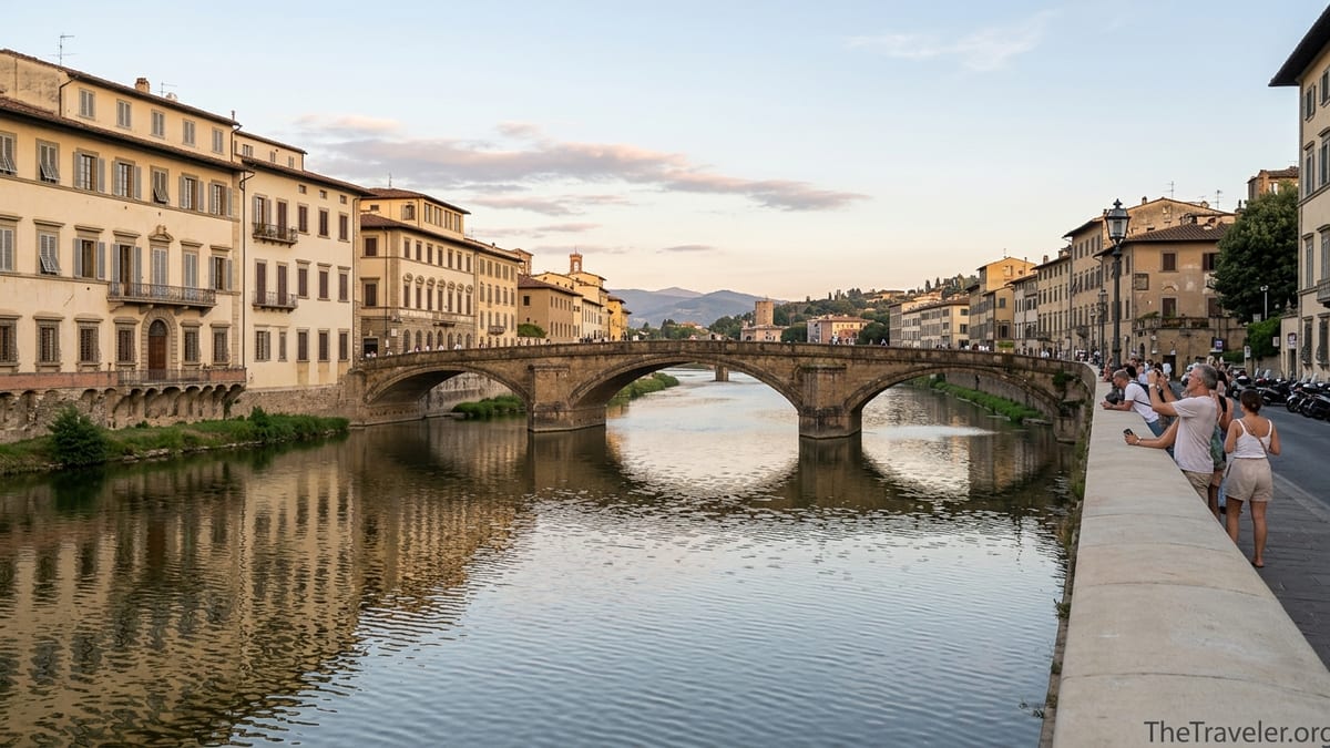 Golden hour view of Ponte alla Carraia over the Arno River with Oltrarno buildings in Florence.