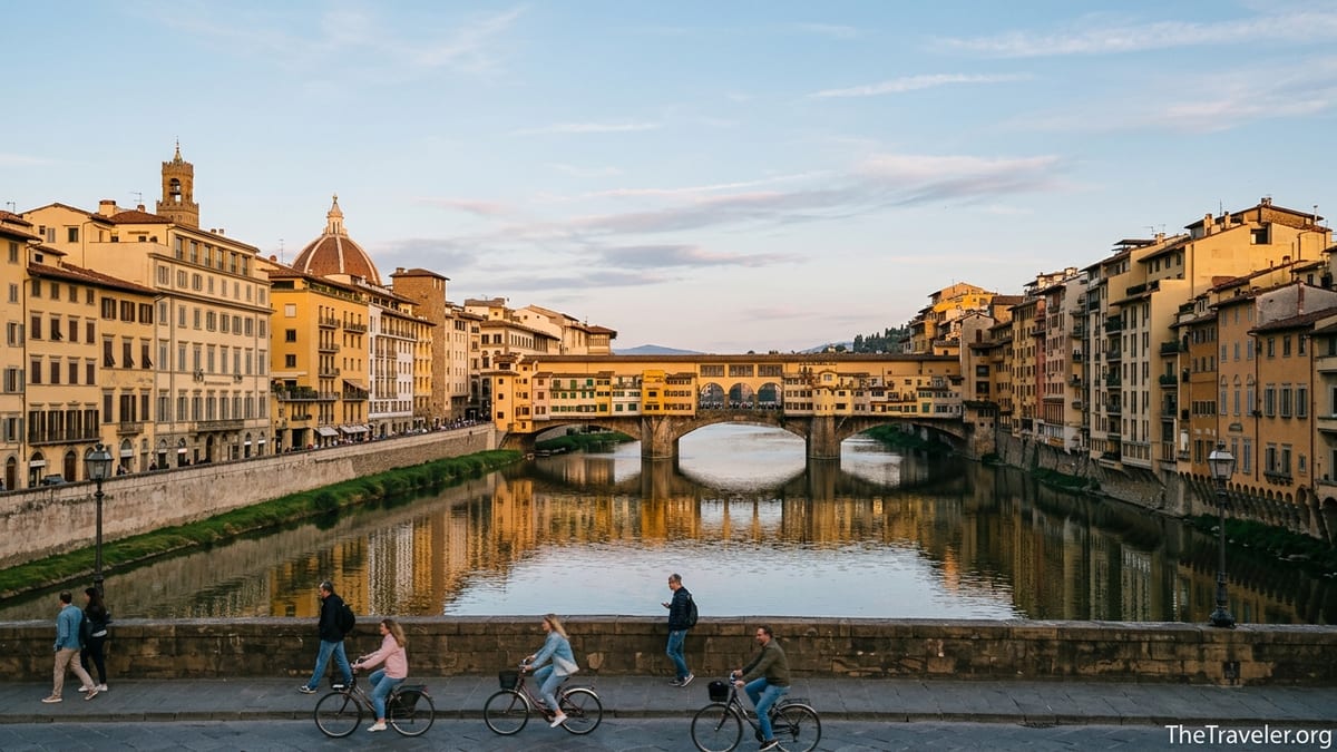 Golden hour view of Ponte Vecchio and Florence skyline from Ponte alle Grazie over the Arno River.