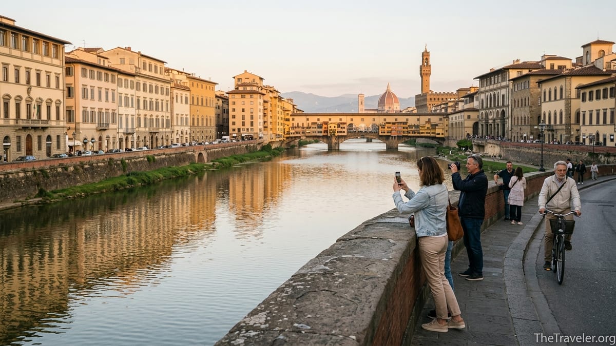 View from Ponte alle Grazie toward Ponte Vecchio and Florence’s riverside at golden hour.