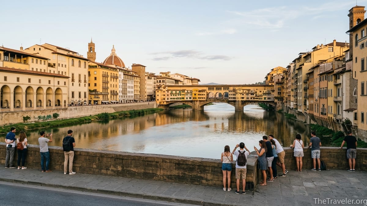 View from Ponte alle Grazie in Florence at sunset with Ponte Vecchio and Arno River reflections.