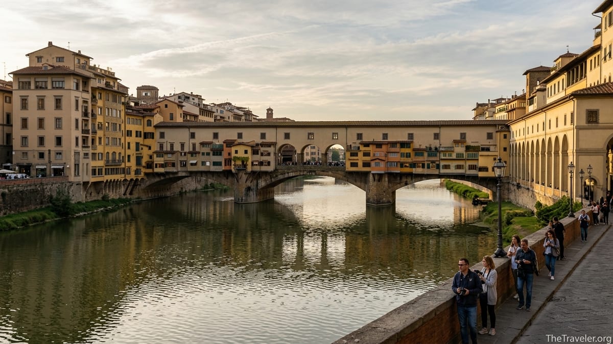 Ponte Vecchio in Florence seen from Ponte Santa Trinita at golden hour over the Arno River.