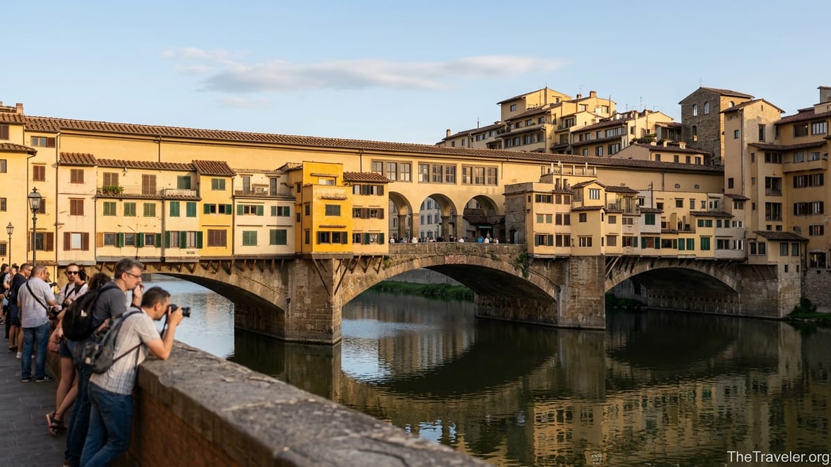 Ponte Vecchio in Florence at golden hour seen from across the Arno River