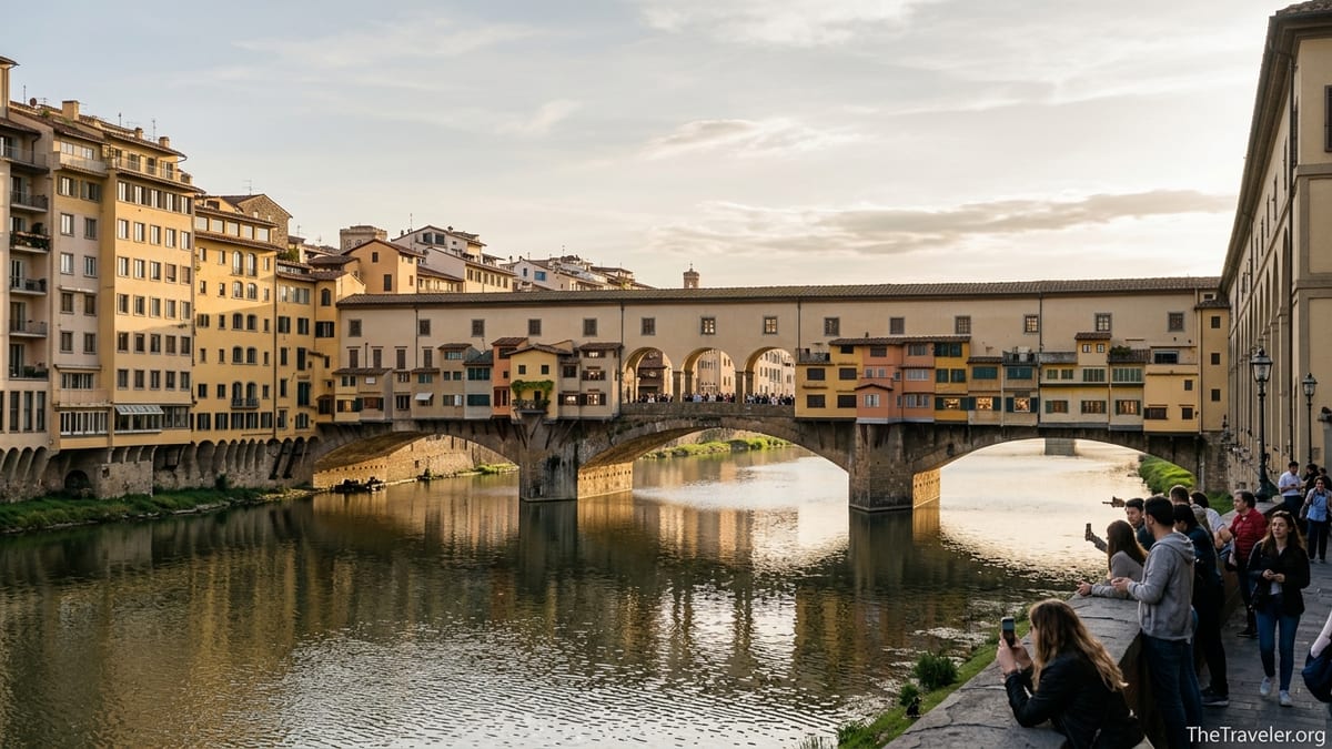 Ponte Vecchio in Florence at golden hour reflected in the Arno River with people walking along the bridge.