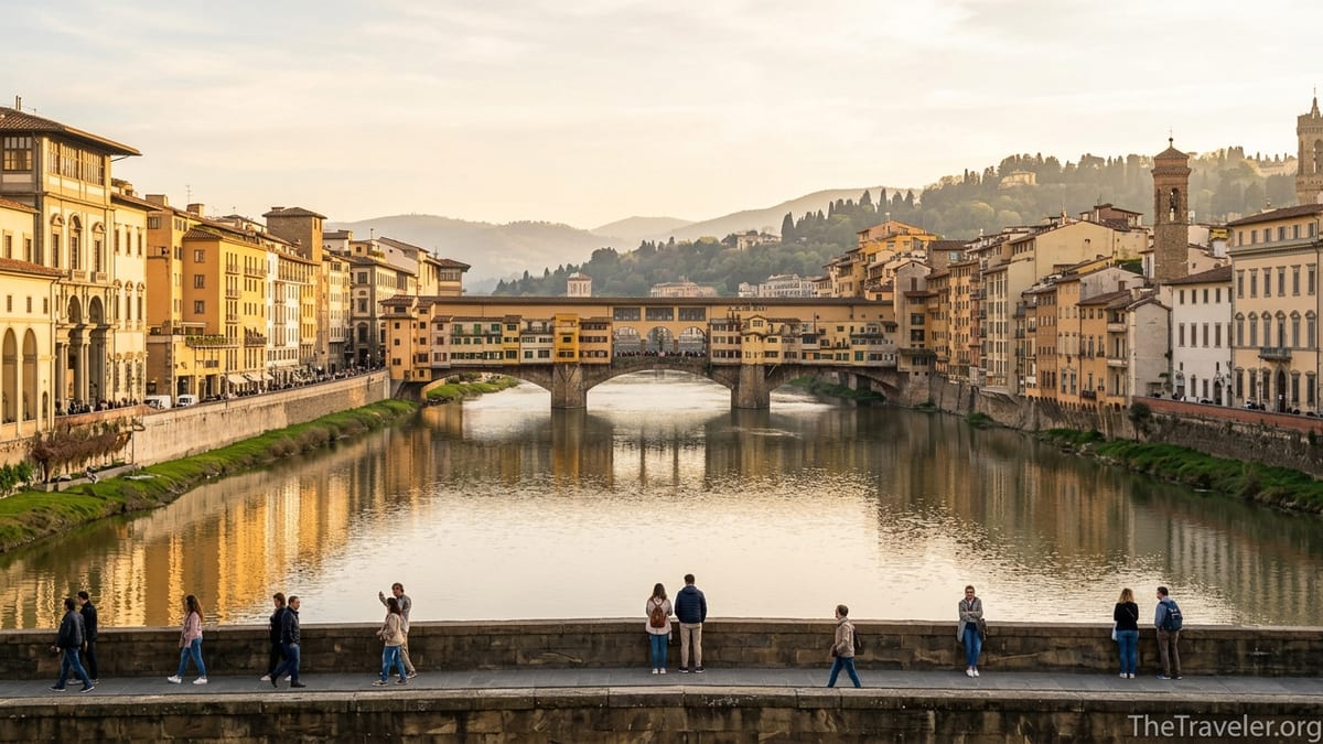 View of Ponte Vecchio from Ponte alle Grazie over the Arno River at golden hour in Florence.