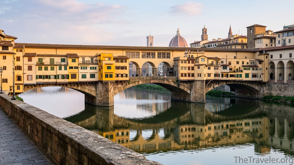 Early morning light on Florence’s Ponte Vecchio over the Arno River with almost no crowds.