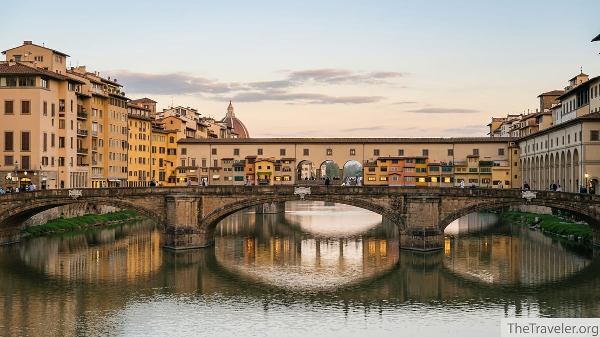 Evening view of Ponte Vecchio in Florence glowing over the Arno River with gentle crowds.