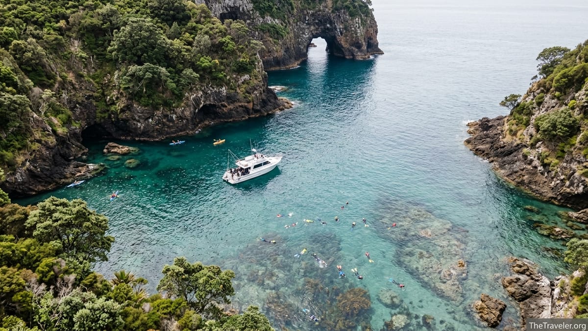Dive boat, snorkellers and kayaks in a clear turquoise bay at the Poor Knights Islands near Tutukākā, New Zealand.