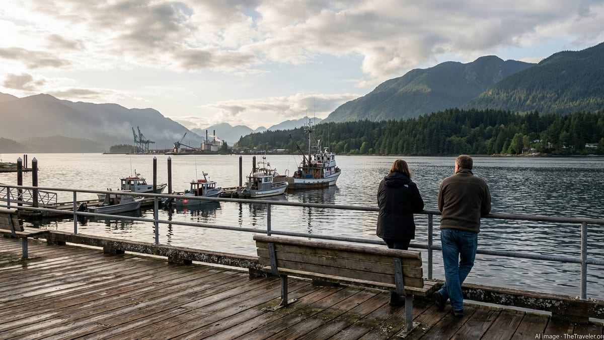 Harbour Quay waterfront in Port Alberni with inlet views, boats and distant mountains.