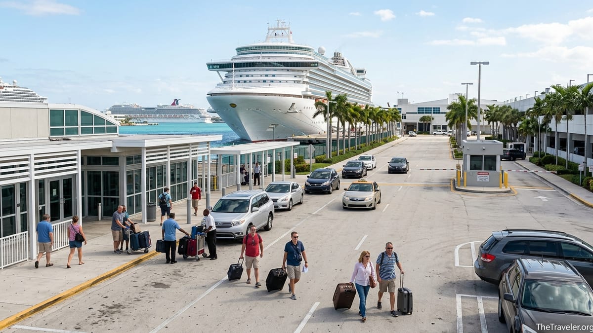 Travelers with suitcases walking from parking toward a cruise ship at Port Everglades terminal.
