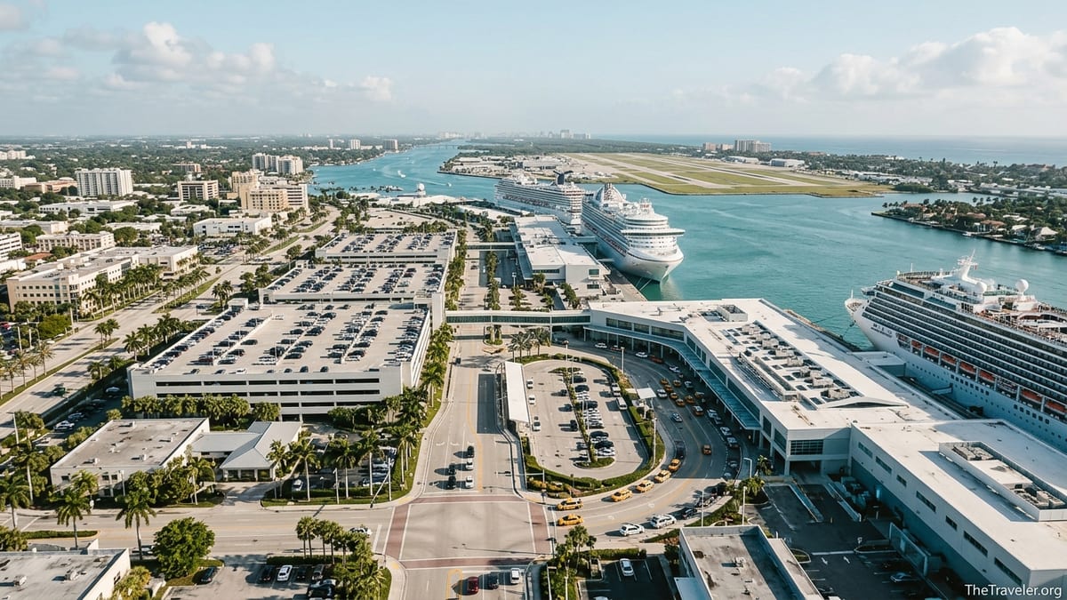 Aerial view of Port Everglades cruise ships, terminals and nearby airport in Fort Lauderdale