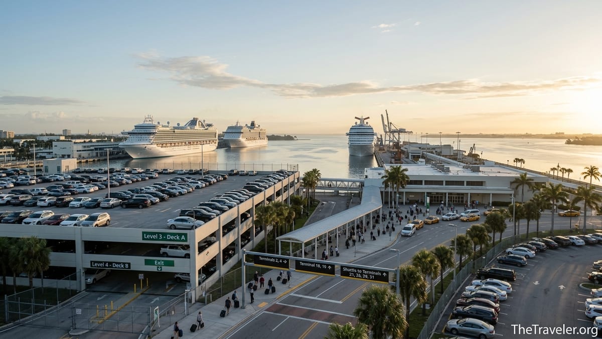 Parking garage and cruise ships at Port Everglades on a sunny morning