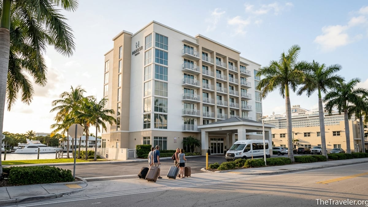 Travelers with suitcases outside a Fort Lauderdale hotel waiting for a shuttle to Port Everglades.
