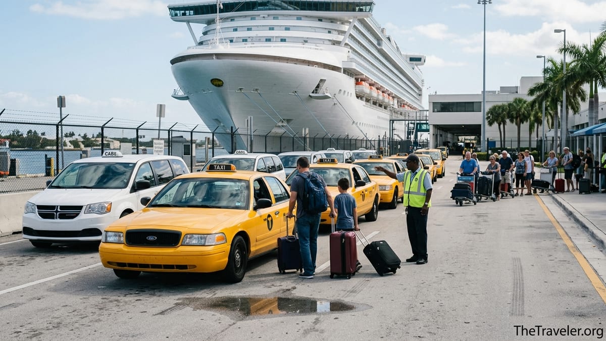 Cruise passengers with luggage lining up for yellow taxis outside a Port Everglades terminal.
