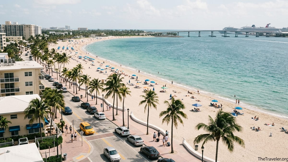 View of Fort Lauderdale Beach with distant Port Everglades cruise ships and beach road traffic.