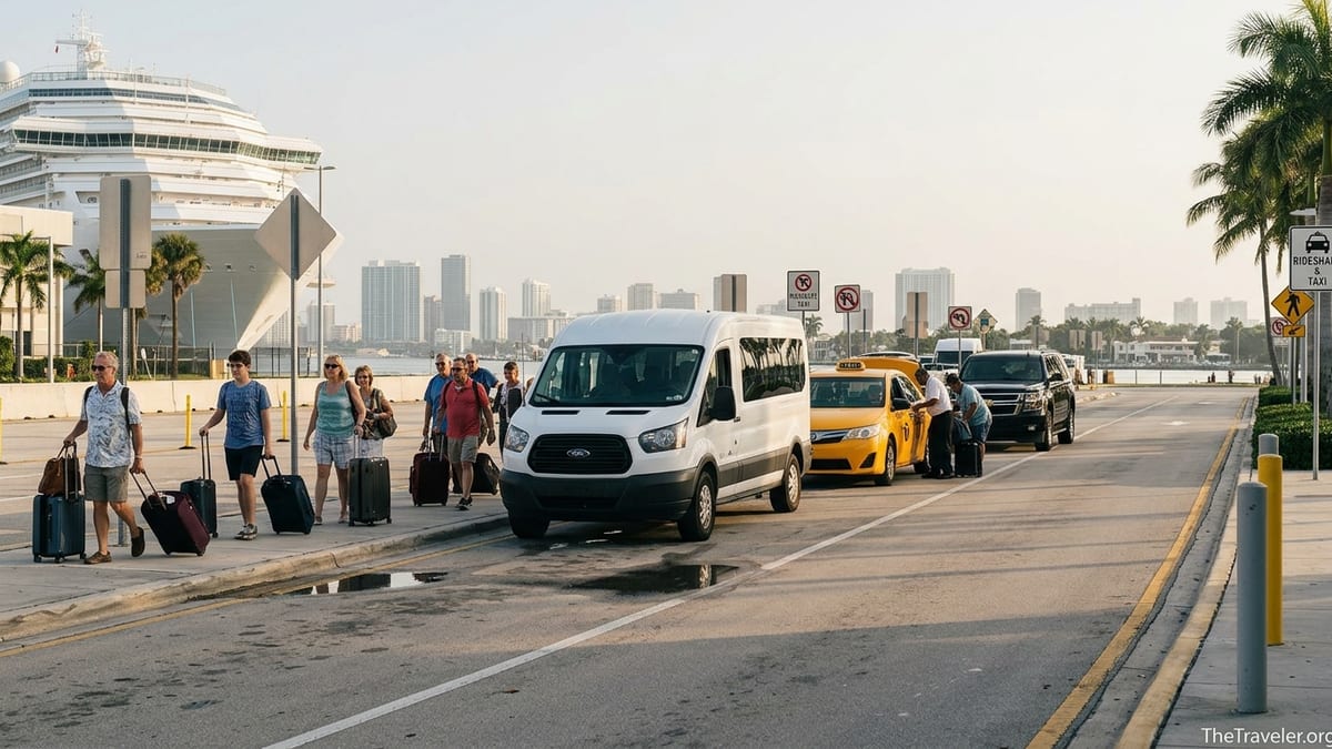 Cruise passengers with luggage boarding taxis, shuttles and an SUV outside Port Everglades at sunrise.
