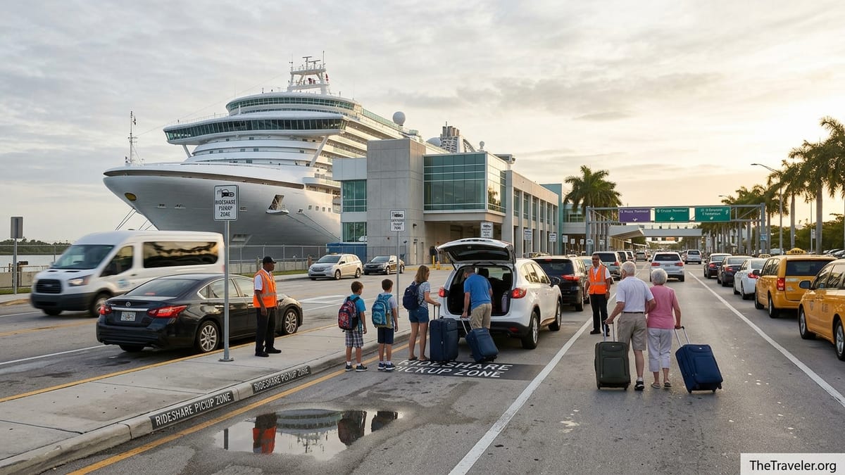 Rideshare cars and taxis picking up cruise passengers outside a Port Everglades terminal at sunrise.