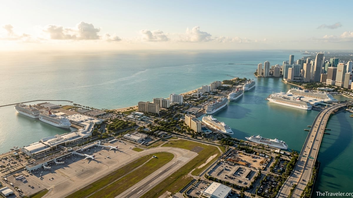 Aerial sunrise view of Port Everglades and PortMiami with cruise ships, airports, and Miami skyline.