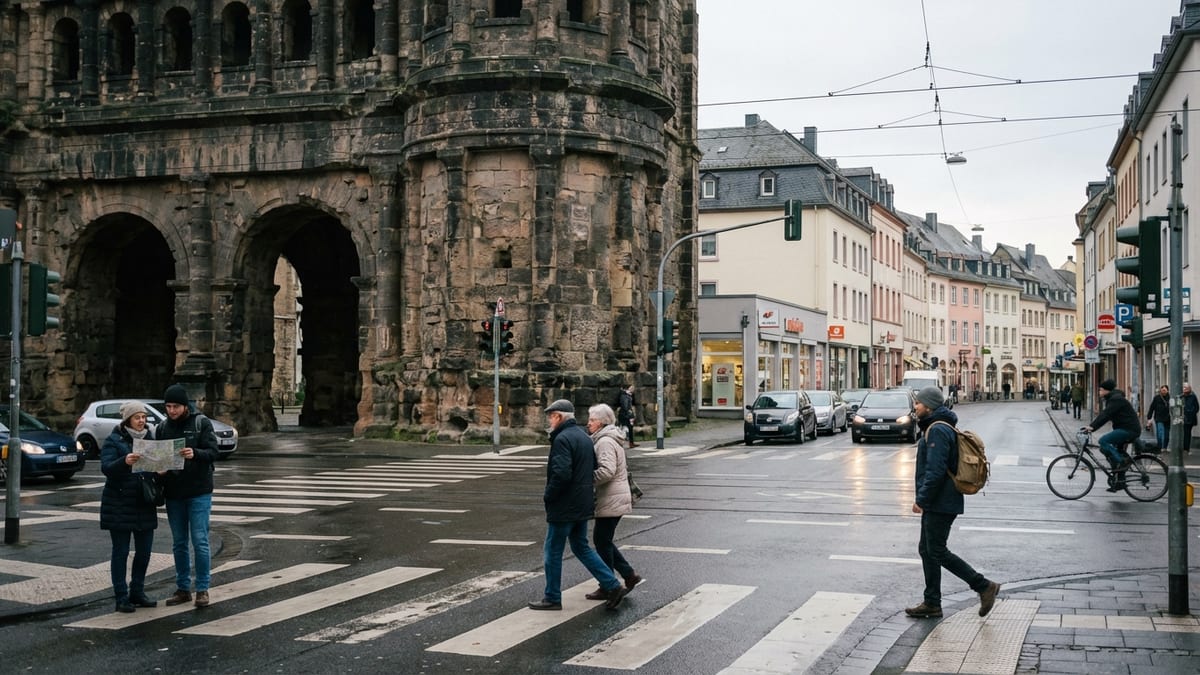 Street-level view of Trier’s Porta Nigra and transitioning cityscape on an overcast day. 