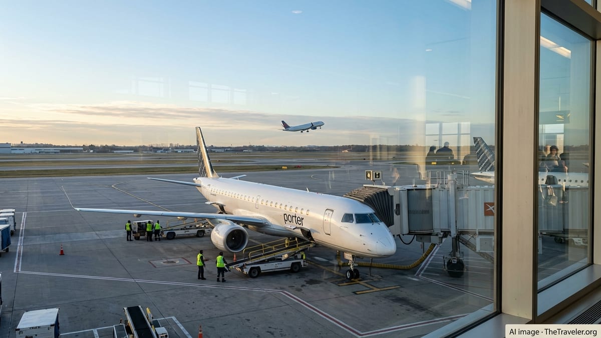Porter Airlines Embraer jet at a Toronto Pearson gate at sunrise, viewed through terminal windows.