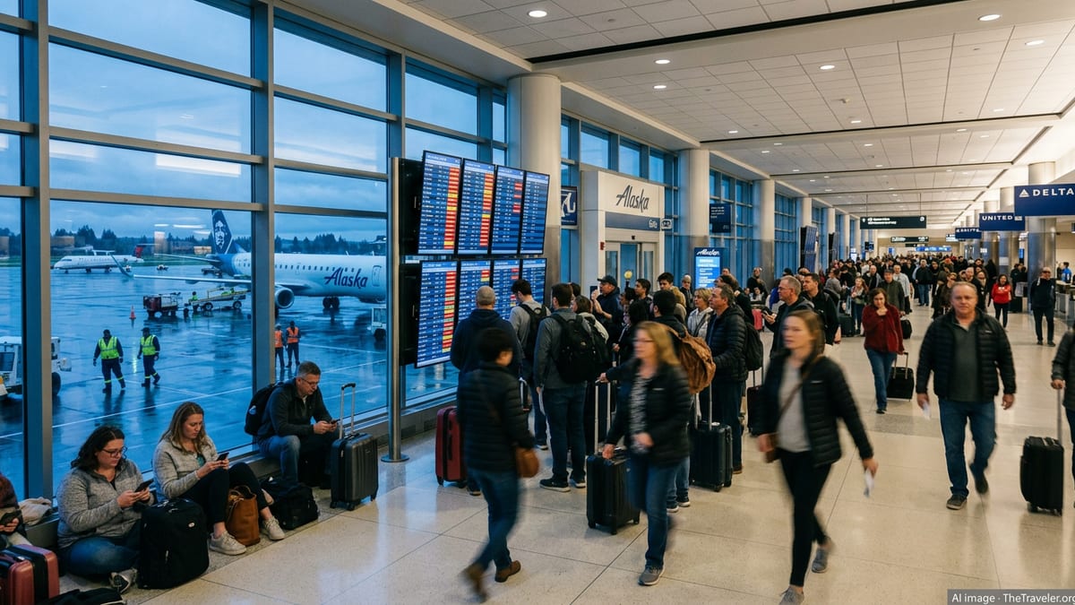 Crowded Portland airport concourse with passengers checking flight delays on overhead screens.