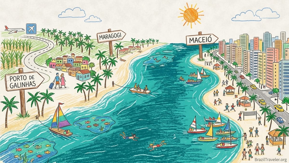 Aerial view of Brazilian Northeast beaches with turquoise sea, reefs and coconut-lined shore near town and city waterfronts.