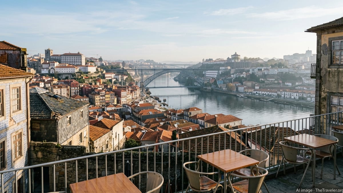 Sunrise over Porto’s tiled rooftops and the Dom Luís I Bridge spanning the Douro River.