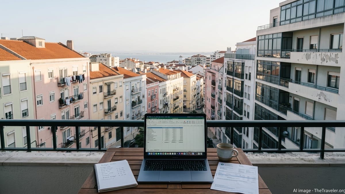 Laptop with budget spreadsheet on Lisbon balcony overlooking residential buildings.