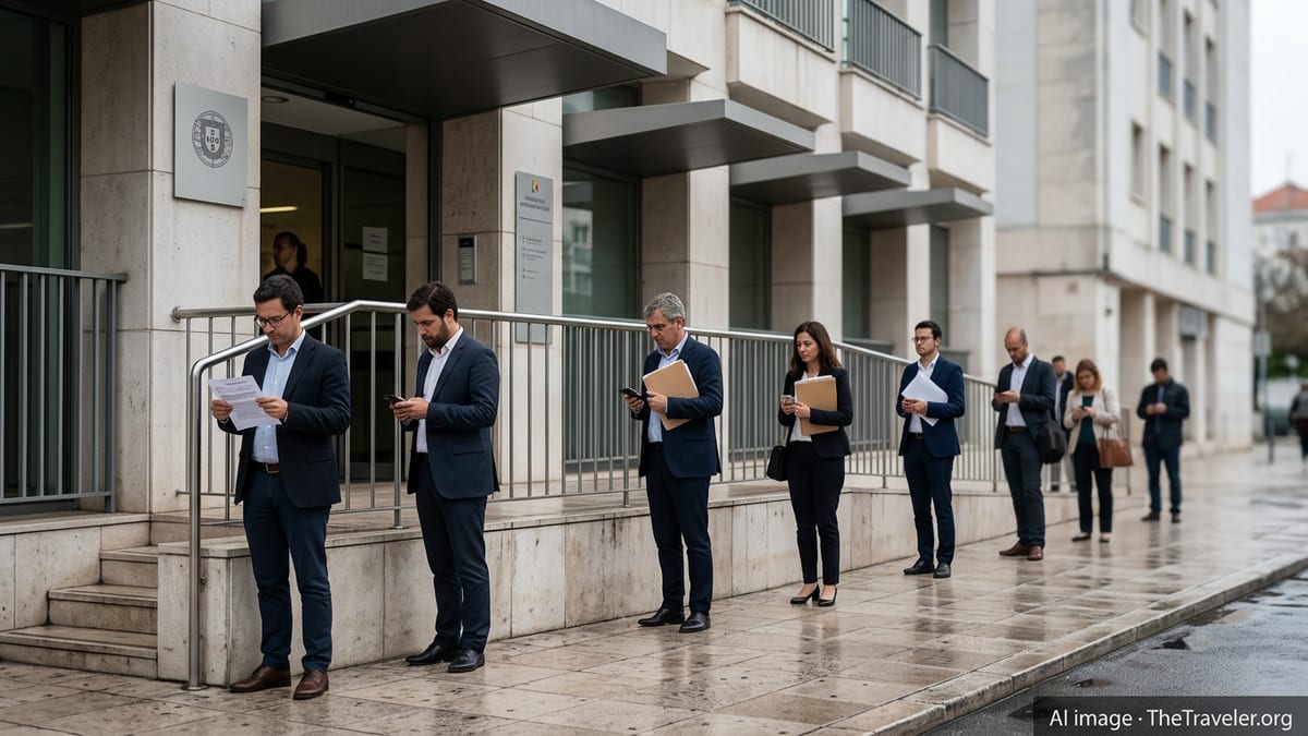 People waiting outside a public administration office in Lisbon on a cloudy morning.