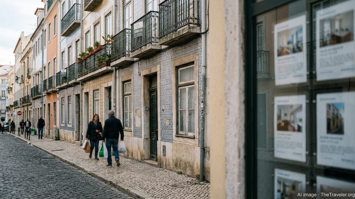 Residential street with Lisbon apartment buildings and subtle for sale signs in soft daylight