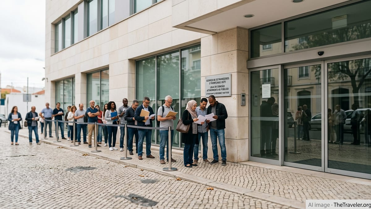 Expats waiting outside a Portuguese government office in Lisbon for citizenship services.