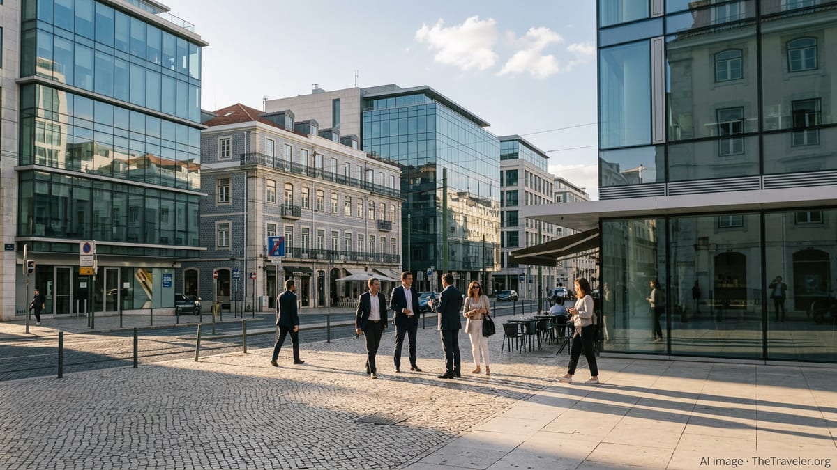 Business district in Lisbon with modern offices and entrepreneurs walking in late afternoon light.
