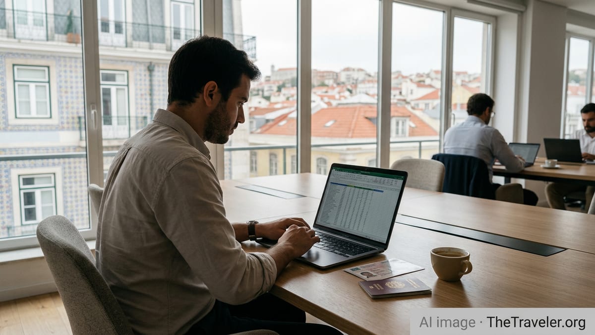 Remote worker in a Lisbon coworking space overlooking tiled buildings and rooftops.