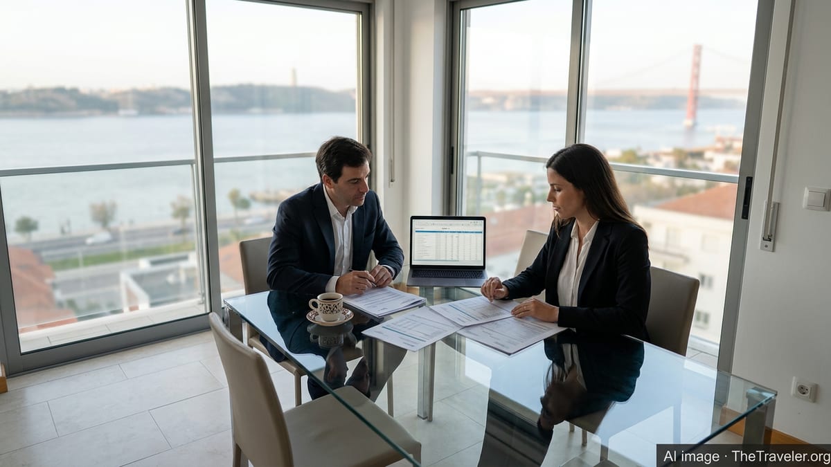 Professional couple in Lisbon apartment reviewing tax papers with Tagus River view.
