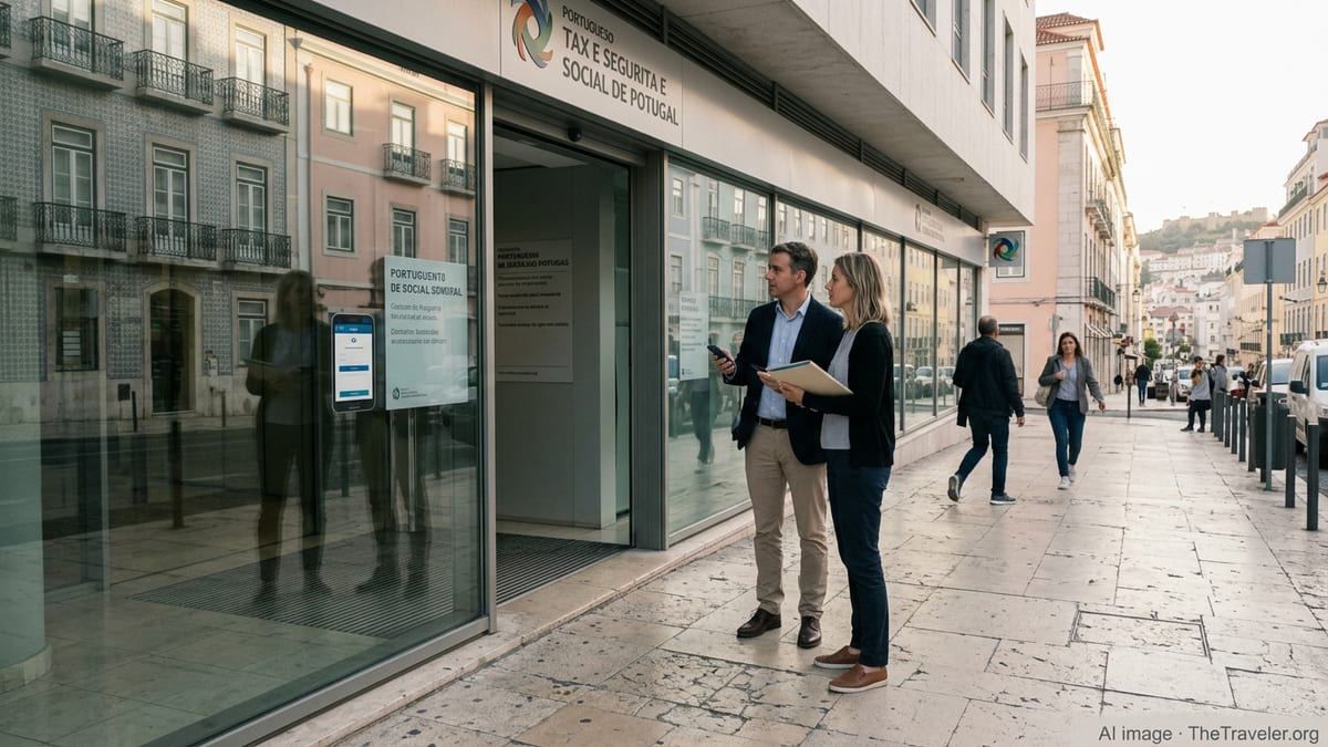Expats outside a Portuguese tax office in Lisbon reviewing documents during their first year of compliance.