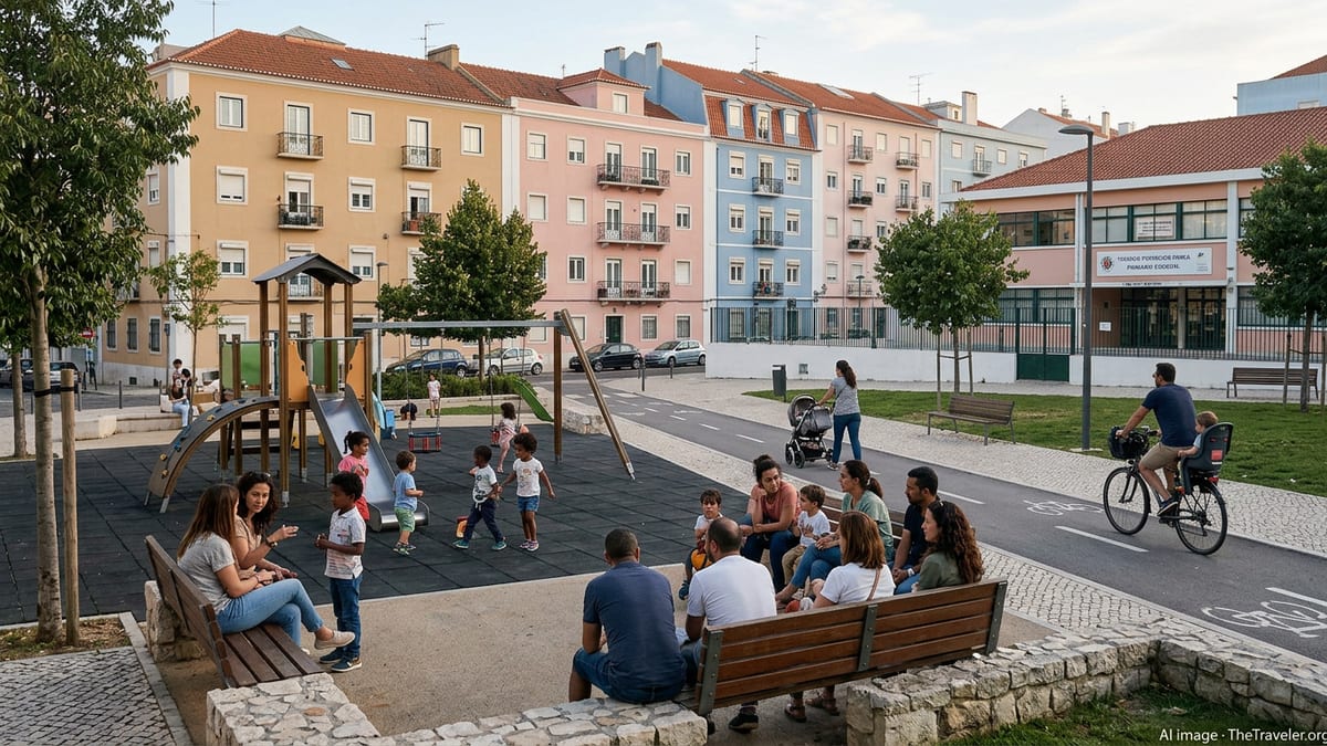 Families with children play in a Lisbon park near apartments and a school on a mild afternoon.