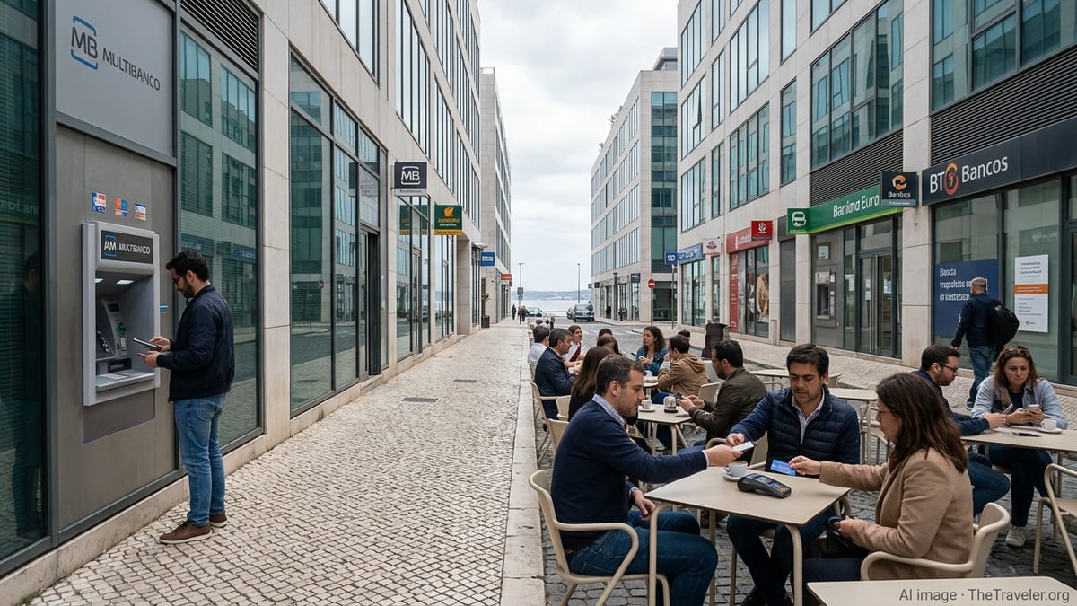 People using ATMs and mobile payments outside bank branches in central Lisbon.