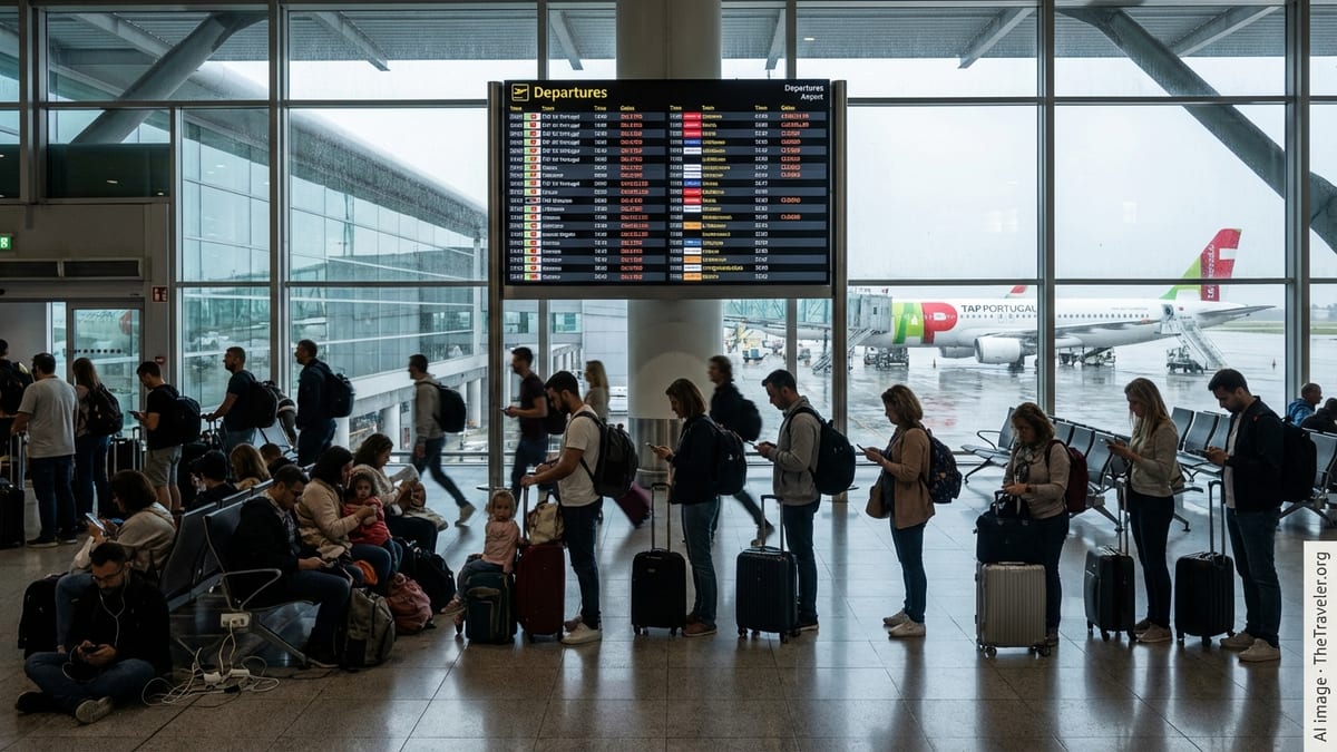 Crowded Lisbon airport departures hall with travelers waiting under a board showing multiple delayed and cancelled flights.