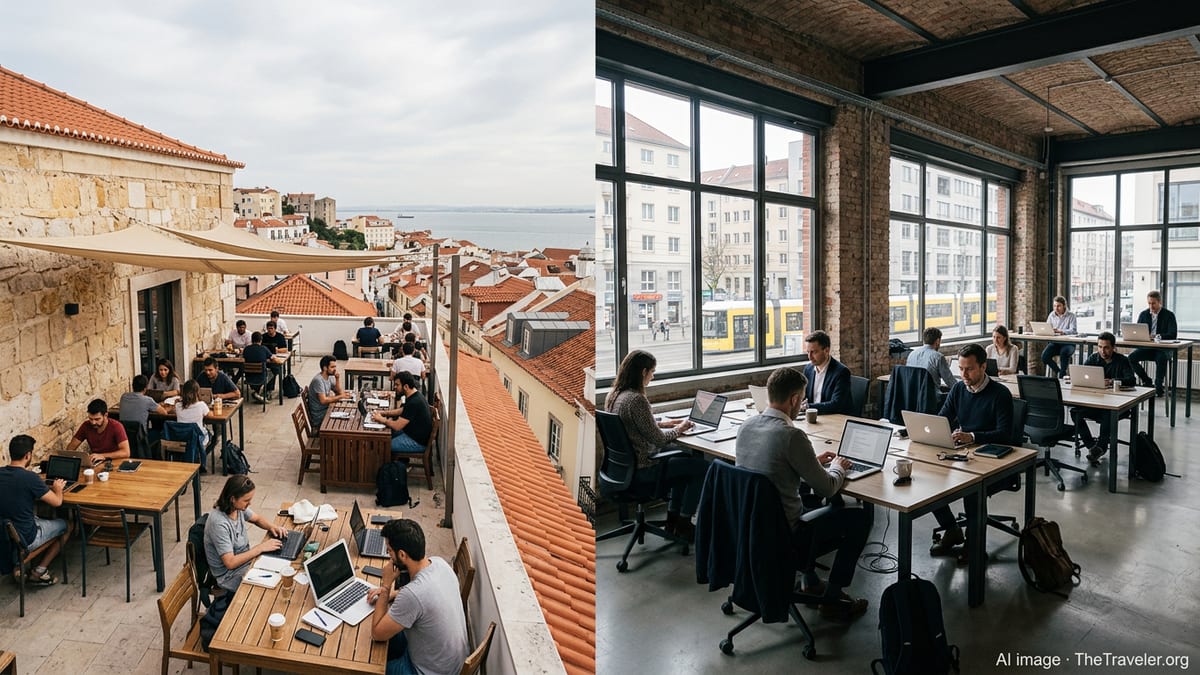 Remote workers in coworking spaces in Lisbon and Berlin illustrating tax and infrastructure comparison.