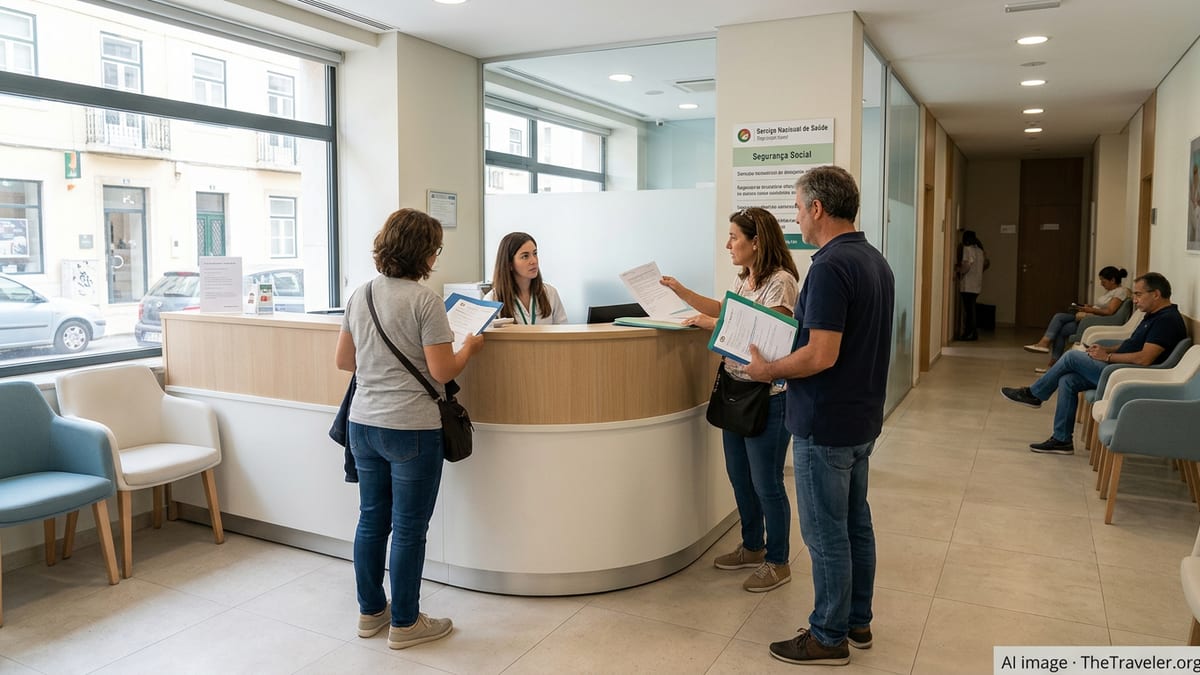 Foreign residents in a Portuguese clinic reception showing health insurance documents at the front desk.