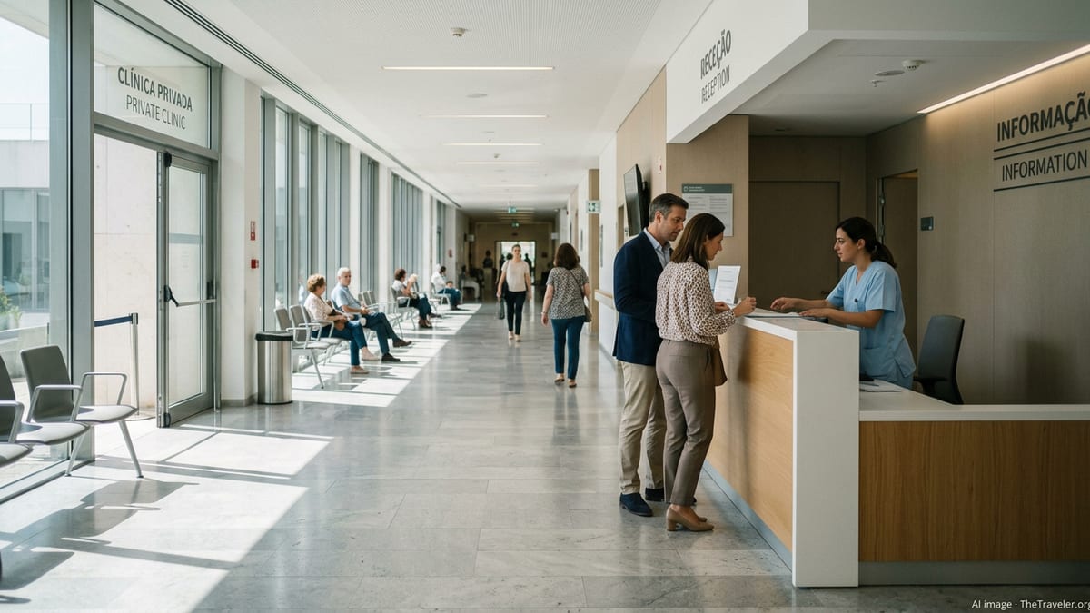 Hospital corridor in Lisbon with patients, staff and an expat couple speaking to a nurse at reception.